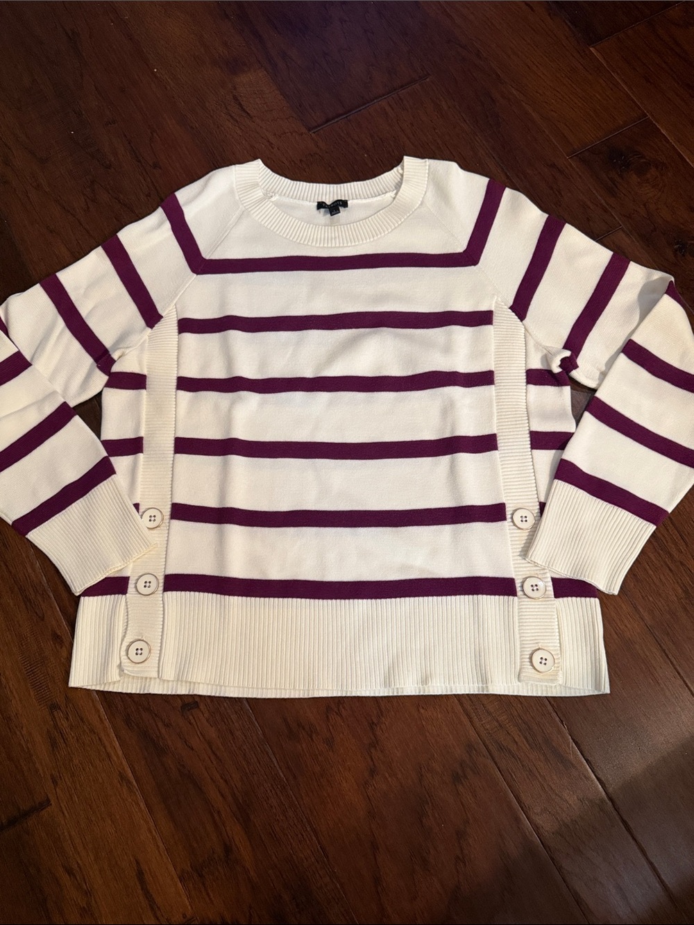 Talbots Cream and Plum Striped Crewneck Sweater with Side Button Details